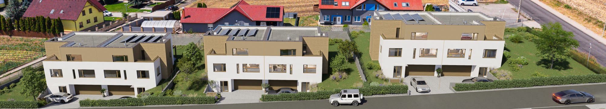 Letecký pohled na Rezidenci Moravany — vpravo domy A3, A4, A5 a A6, vlevo již prodaný dvojdům A1–A2
